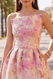 Roze bloemen Jacquard Asymmetrische gerimpelde Bubble Zoom Korte Homecoming Jurk