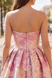 Roze bloemen Jacquard Asymmetrische gerimpelde Bubble Zoom Korte Homecoming Jurk
