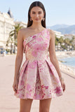 Roze eenschouder bloemenjurk in jacquard met geplooide A-lijn korte homecoming jurk