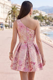 Roze eenschouder bloemenjurk in jacquard met geplooide A-lijn korte homecoming jurk