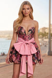 Zwarte roze bloemen jacquard bubbelom, A-lijn homecomingjurk met strik