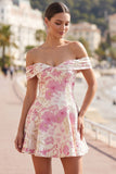 Roze off-the-shoulder bloemen A-lijn korte homecoming jurk