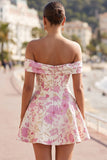 Roze off-the-shoulder bloemen A-lijn korte homecoming jurk
