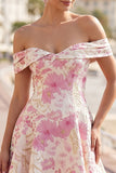 Roze off-the-shoulder bloemen A-lijn korte homecoming jurk