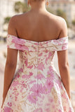 Roze off-the-shoulder bloemen A-lijn korte homecoming jurk