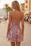 Blush pailletten A-lijn bloemen strapless korte homecoming jurk
