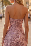 Blush pailletten A-lijn bloemen strapless korte homecoming jurk
