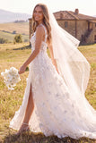 Witte A-Line Scoop 3D Flower Maxi Korset Elopement trouwjurk met zijsplit
