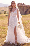 Witte A-Line Scoop 3D Flower Maxi Korset Elopement trouwjurk met zijsplit