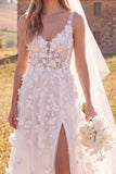 Witte A-Line Scoop 3D Flower Maxi Korset Elopement trouwjurk met zijsplit