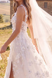 Witte A-Line Scoop 3D Flower Maxi Korset Elopement trouwjurk met zijsplit