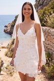 Witte V-hals Mini Elopement trouwjurk met 3D-bloem