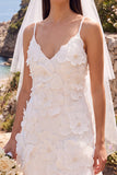 Witte V-hals Mini Elopement trouwjurk met 3D-bloem
