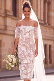 Witte schouder bloemenjurk Midi Elopement trouwjurk met een schouder
