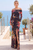 Roze, rood bloemen strapless schede met bloemen gerimpelde formele jurk met split