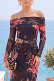 Roze, rood bloemen strapless schede met bloemen gerimpelde formele jurk met split