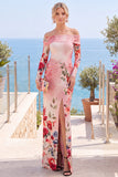 Roze, rood bloemen strapless schede met bloemen gerimpelde formele jurk met split