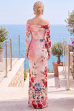 Roze, rood bloemen strapless schede met bloemen gerimpelde formele jurk met split