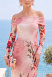 Roze, rood bloemen strapless schede met bloemen gerimpelde formele jurk met split