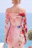 Roze, rood bloemen strapless schede met bloemen gerimpelde formele jurk met split