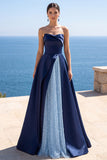 Marineblauw strapless korset Parel A-lijn lange formele jurk