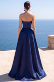 Marineblauw strapless korset Parel A-lijn lange formele jurk