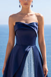 Marineblauw strapless korset Parel A-lijn lange formele jurk