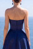Marineblauw strapless korset Parel A-lijn lange formele jurk