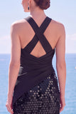 Zwarte halter met gekruiste bandjes pailletten zeemeermin lange formele jurk met split