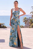 Blauwe schede Bloemen Jacquard Vierkante Hals, lange formele jurk met split