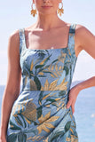 Blauwe schede Bloemen Jacquard Vierkante Hals, lange formele jurk met split