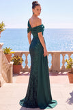 Glinsterende donkergroene asymmetrische off-shoulder pailletten gerimpelde zeemeermin lange formele jurk met sjerp