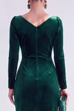 Donkergroene bodycon fluwelen V-hals lange mouwen Moeder van de bruid jurk met split