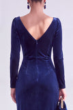 Donkergroene bodycon fluwelen V-hals lange mouwen Moeder van de bruid jurk met split