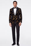 Zwarte gouden 2-delige Peak Revers Jacquard Enkelrijige Herengalapakken
