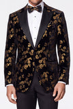 Zwarte gouden 2-delige Peak Revers Jacquard Enkelrijige Herengalapakken