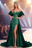 Donkergroene strapless pailletten maxi verkiezingsjurk met zijsplit