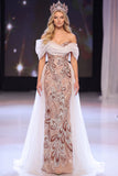 Blush schede Asymmetrisch Off The Shoulder pailletten Appliquen Maxi Pageant jurk