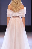 Blush schede Asymmetrisch Off The Shoulder pailletten Appliquen Maxi Pageant jurk