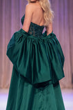 Donkergroene zeemeerminkorset doorschijnende pailletten Maxi Pageant Jurk met Cape