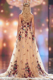 Champagne A-lijn pailletten 3D bloemenapplicaties Maxi Pageant jurk met zijsplit