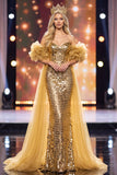 Gouden Zeemeermin Off the Shoulder Puffmouwen Pailletten Maxi Pageant Jurk met Cape