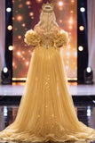 Gouden Zeemeermin Off the Shoulder Puffmouwen Pailletten Maxi Pageant Jurk met Cape