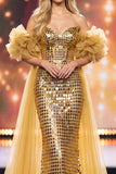Gouden Zeemeermin Off the Shoulder Puffmouwen Pailletten Maxi Pageant Jurk met Cape