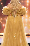 Gouden Zeemeermin Off the Shoulder Puffmouwen Pailletten Maxi Pageant Jurk met Cape