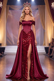 Bordeauxrode korset Maxi Pageant jurk met off-the-shoulder schede en split
