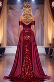 Bordeauxrode korset Maxi Pageant jurk met off-the-shoulder schede en split