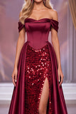 Bordeauxrode korset Maxi Pageant jurk met off-the-shoulder schede en split