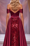 Bordeauxrode korset Maxi Pageant jurk met off-the-shoulder schede en split