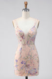 Bodycon Spaghetti Straps Palilletten Bloemenborduursel Corset Korte Homecoming Jurk